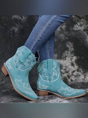 Turquoise Western Embroidered Ankle Boots - Womens